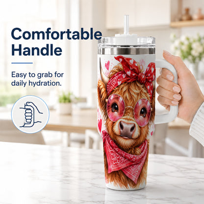#pl[40oz|White] Highland Cow 40oz Tumbler, Heart Tumbler, Stainless Steel Travel Cup