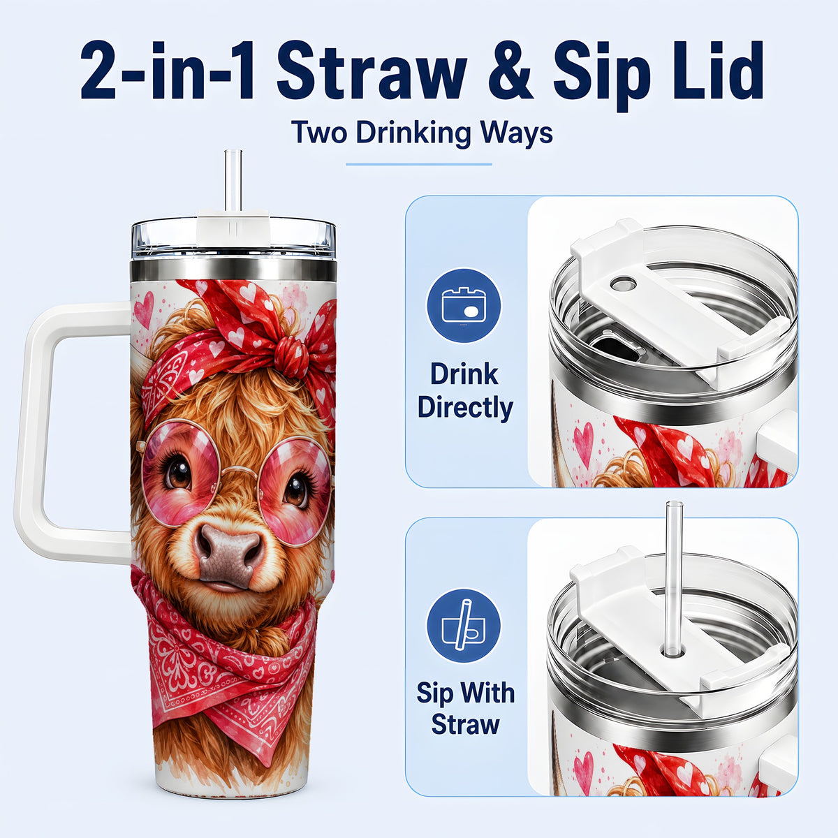 #pl[40oz|White] Highland Cow 40oz Tumbler, Heart Tumbler, Stainless Steel Travel Cup