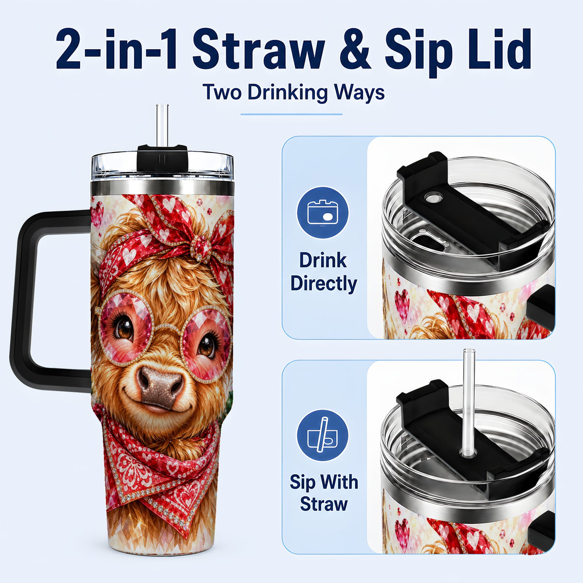 #pl[40oz|Black] Highland Cow 40oz Tumbler with Handle, Holiday Stainless Steel Travel Cup