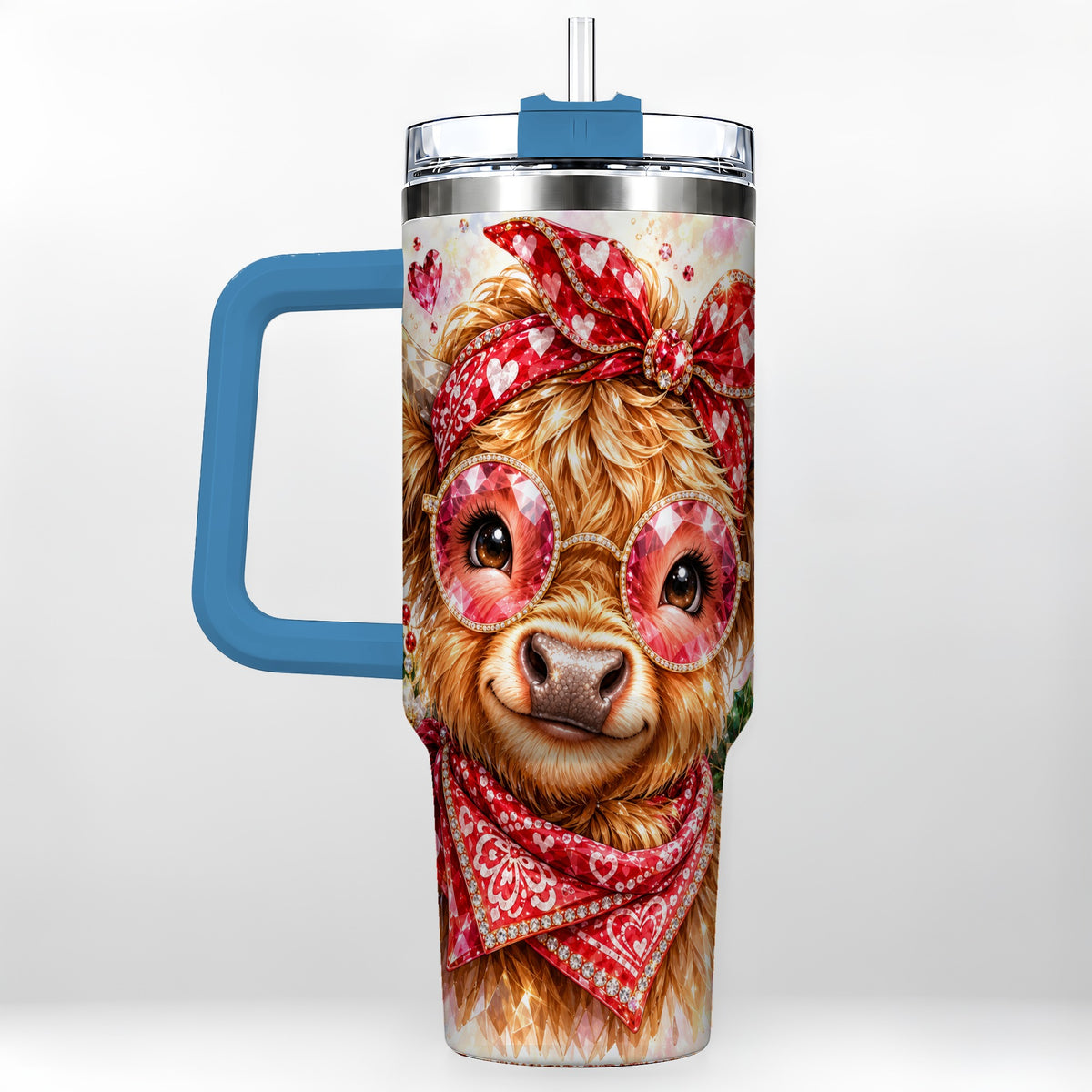 #pl[40oz|Blue] Highland Cow 40oz Tumbler with Handle, Holiday Stainless Steel Travel Cup