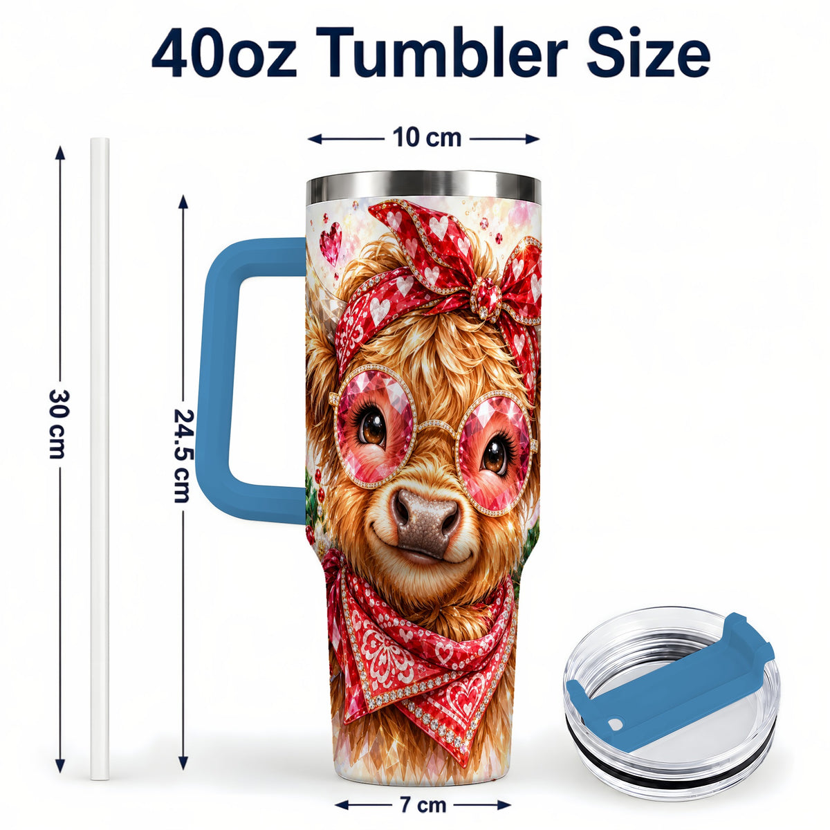 #pl[40oz|Blue] Highland Cow 40oz Tumbler with Handle, Holiday Stainless Steel Travel Cup