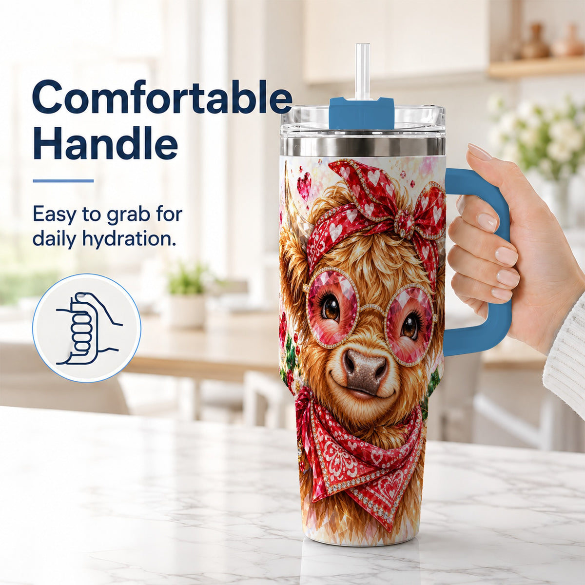 #pl[40oz|Blue] Highland Cow 40oz Tumbler with Handle, Holiday Stainless Steel Travel Cup