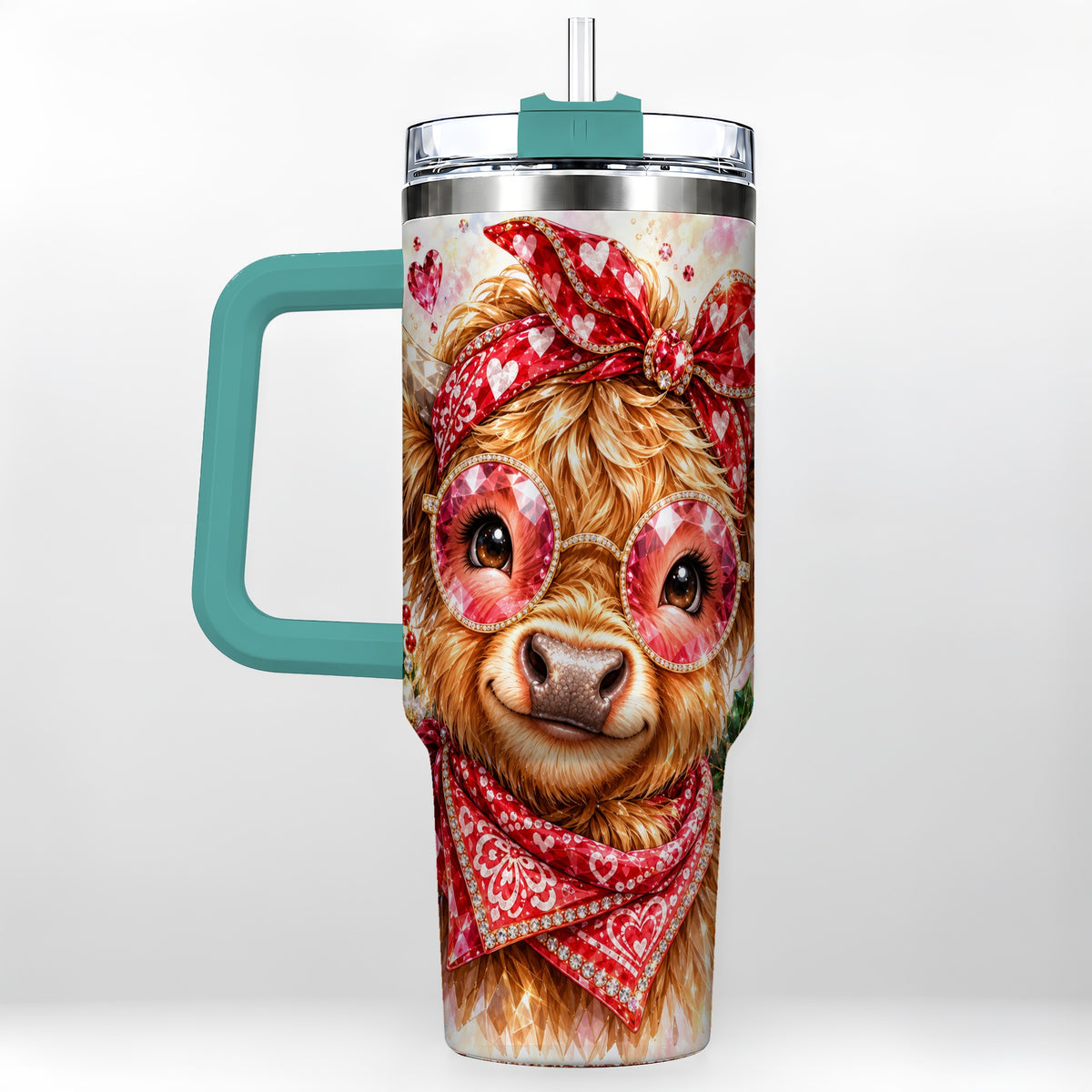 #pl[40oz|Green] Highland Cow 40oz Tumbler with Handle, Holiday Stainless Steel Travel Cup