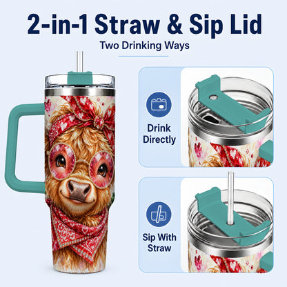 #pl[40oz|Green] Highland Cow 40oz Tumbler with Handle, Holiday Stainless Steel Travel Cup
