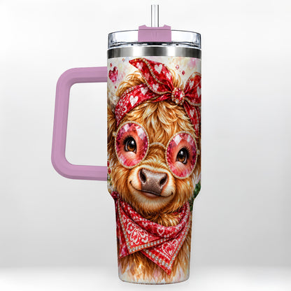 #pl[40oz|Pink] Highland Cow 40oz Tumbler with Handle, Holiday Stainless Steel Travel Cup