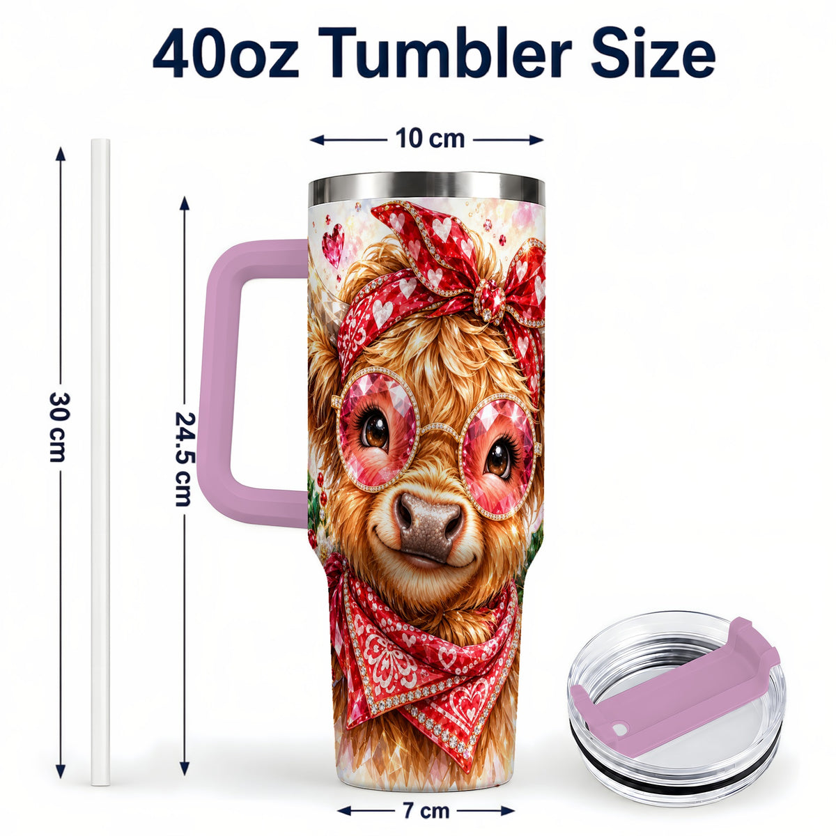 #pl[40oz|Pink] Highland Cow 40oz Tumbler with Handle, Holiday Stainless Steel Travel Cup