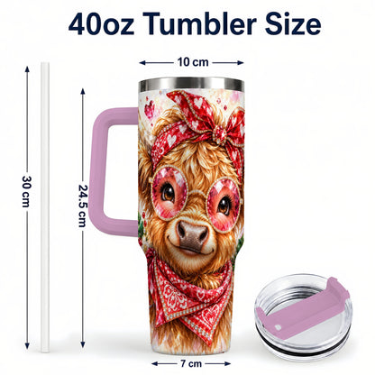 #pl[40oz|Pink] Highland Cow 40oz Tumbler with Handle, Holiday Stainless Steel Travel Cup