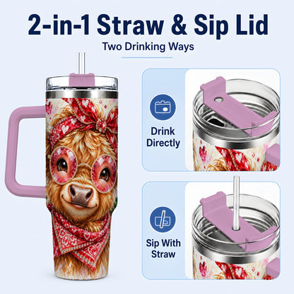 #pl[40oz|Pink] Highland Cow 40oz Tumbler with Handle, Holiday Stainless Steel Travel Cup