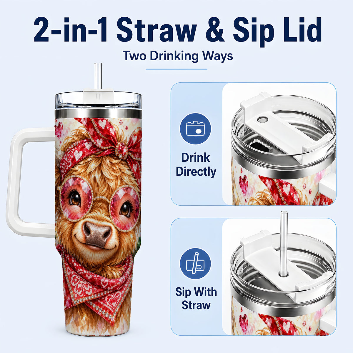 #pl[40oz|White] Highland Cow 40oz Tumbler with Handle, Holiday Stainless Steel Travel Cup