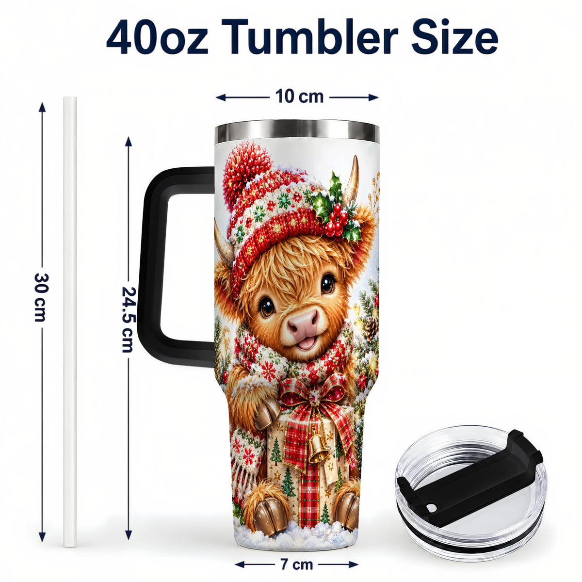 #pl[40oz|Black] Christmas Cow 40oz Tumbler with Handle, Festive Stainless Steel Travel Cup