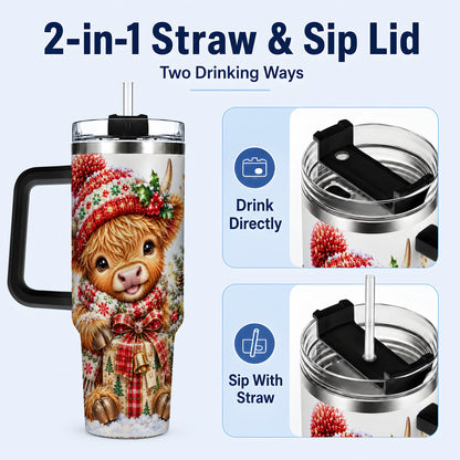 #pl[40oz|Black] Christmas Cow 40oz Tumbler with Handle, Festive Stainless Steel Travel Cup