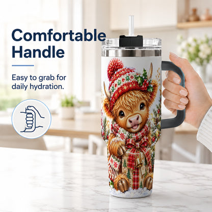#pl[40oz|Black] Christmas Cow 40oz Tumbler with Handle, Festive Stainless Steel Travel Cup