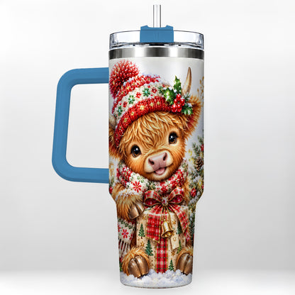 #pl[40oz|Blue] Christmas Cow 40oz Tumbler with Handle, Festive Stainless Steel Travel Cup