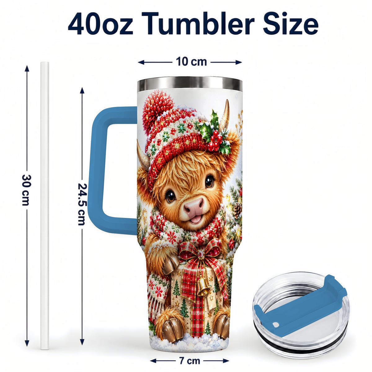 #pl[40oz|Blue] Christmas Cow 40oz Tumbler with Handle, Festive Stainless Steel Travel Cup