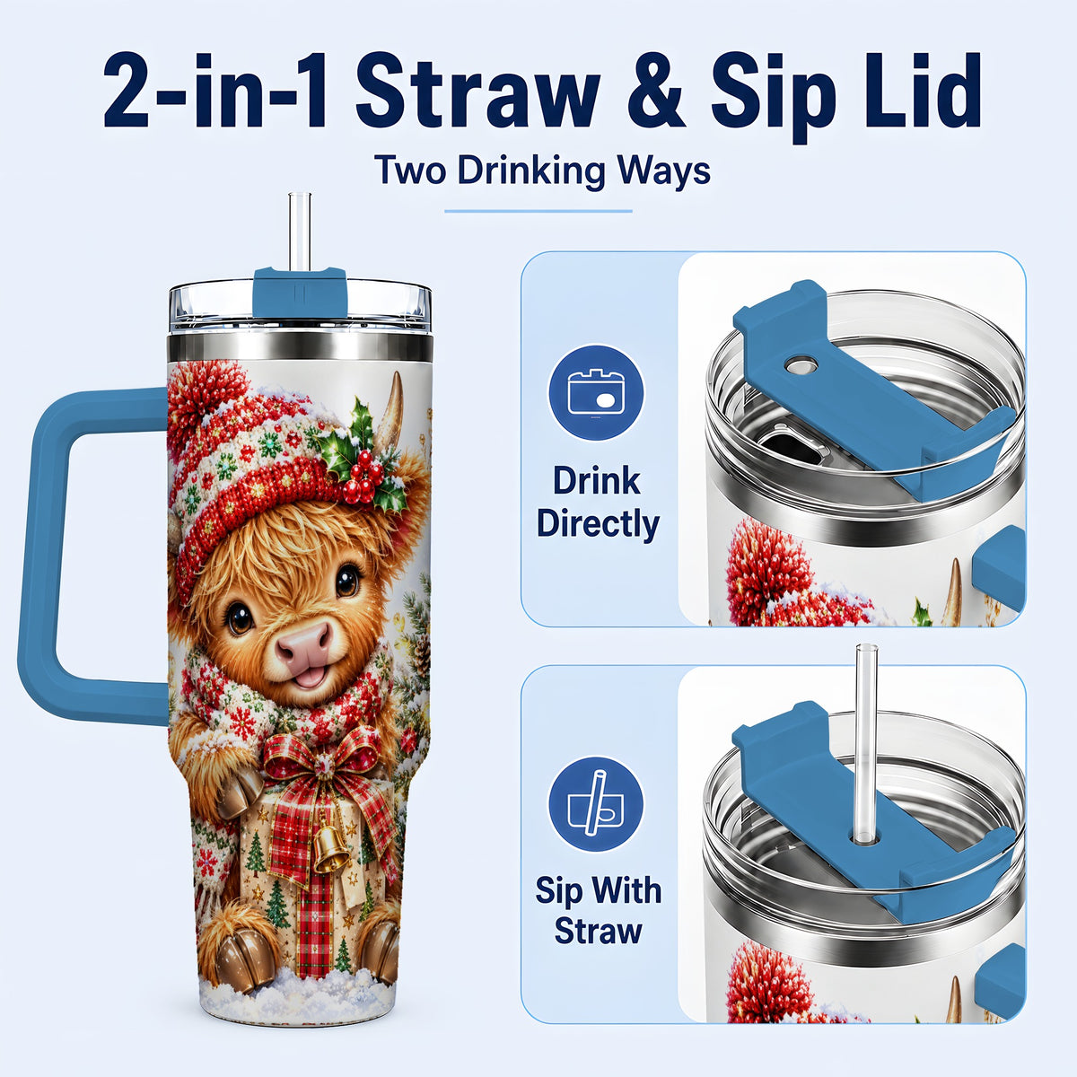 #pl[40oz|Blue] Christmas Cow 40oz Tumbler with Handle, Festive Stainless Steel Travel Cup