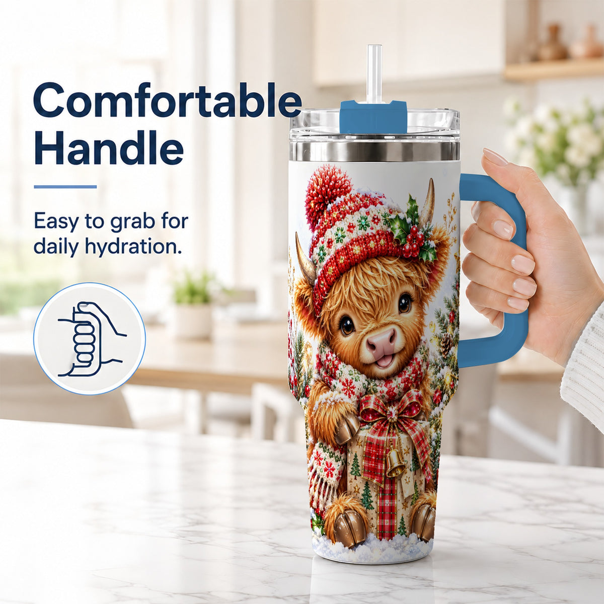 #pl[40oz|Blue] Christmas Cow 40oz Tumbler with Handle, Festive Stainless Steel Travel Cup