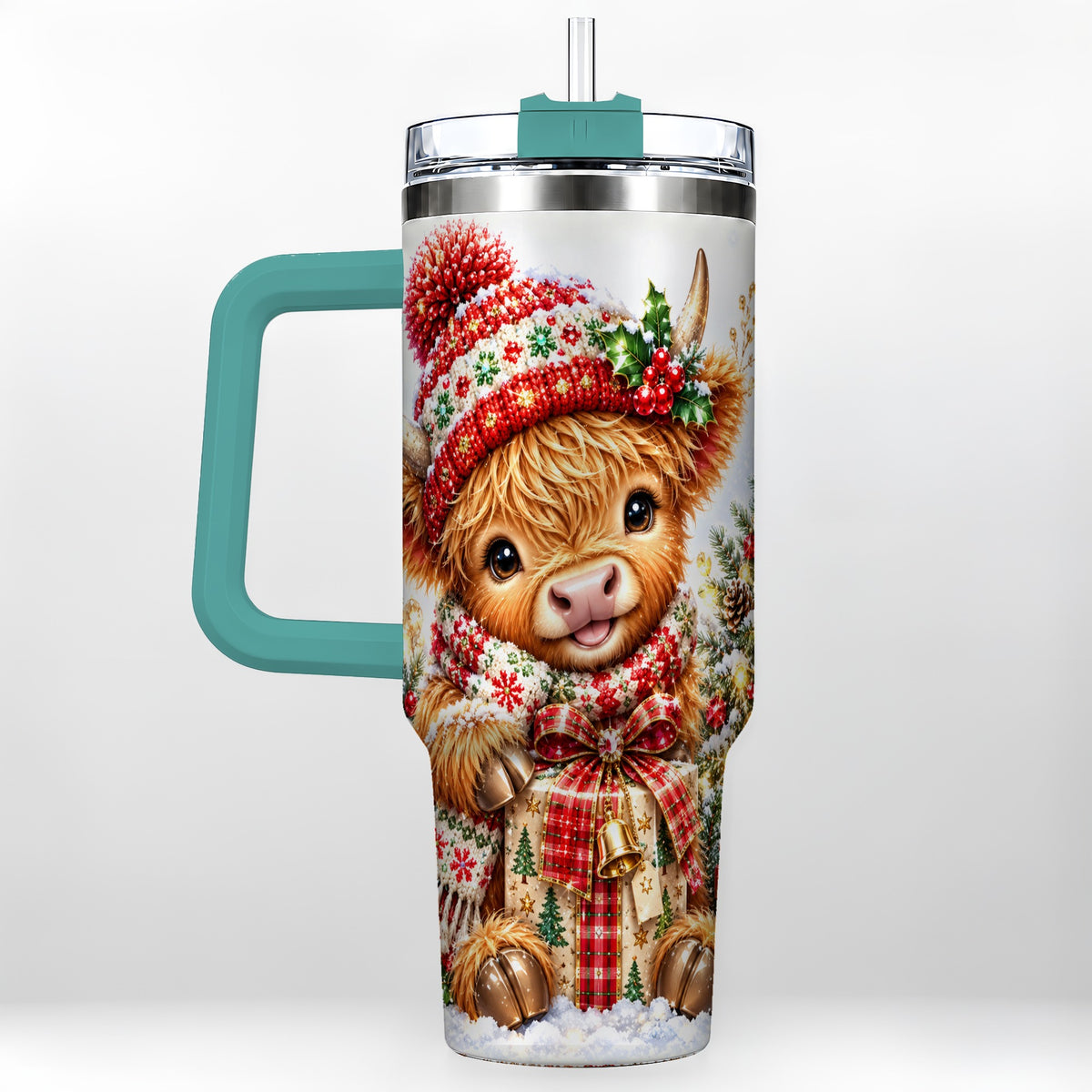 #pl[40oz|Green] Christmas Cow 40oz Tumbler with Handle, Festive Stainless Steel Travel Cup