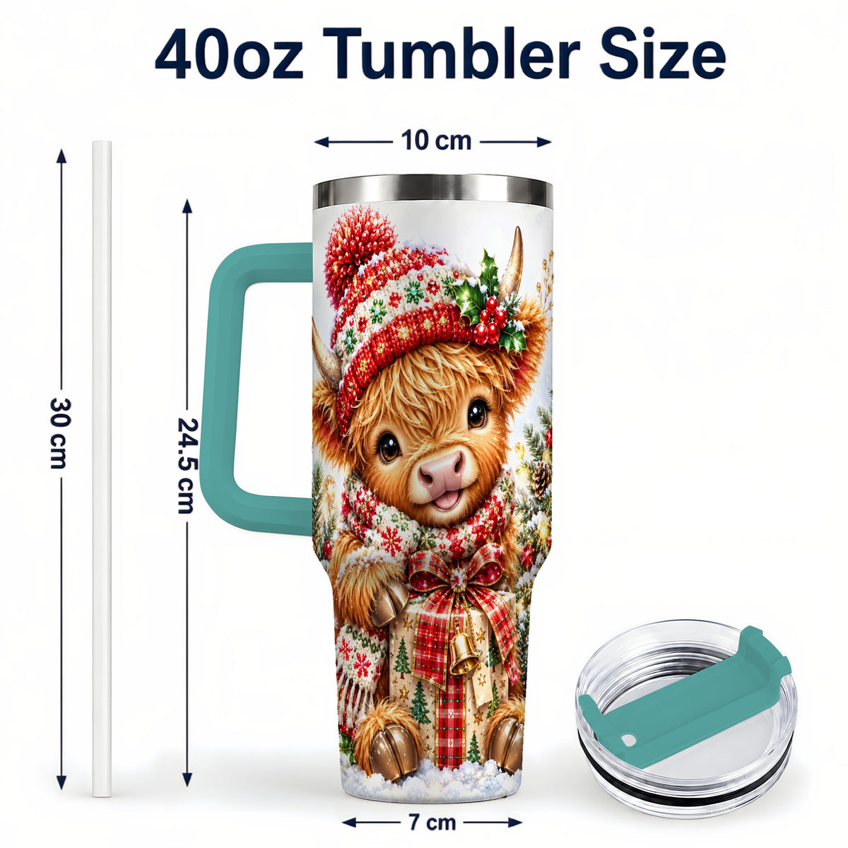 #pl[40oz|Green] Christmas Cow 40oz Tumbler with Handle, Festive Stainless Steel Travel Cup