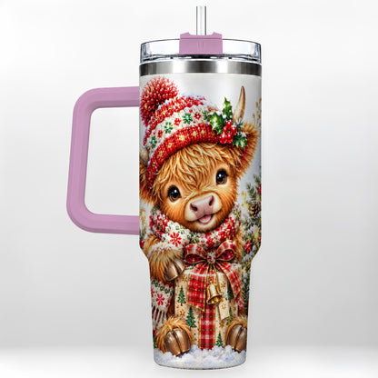 #pl[40oz|Pink] Christmas Cow 40oz Tumbler with Handle, Festive Stainless Steel Travel Cup