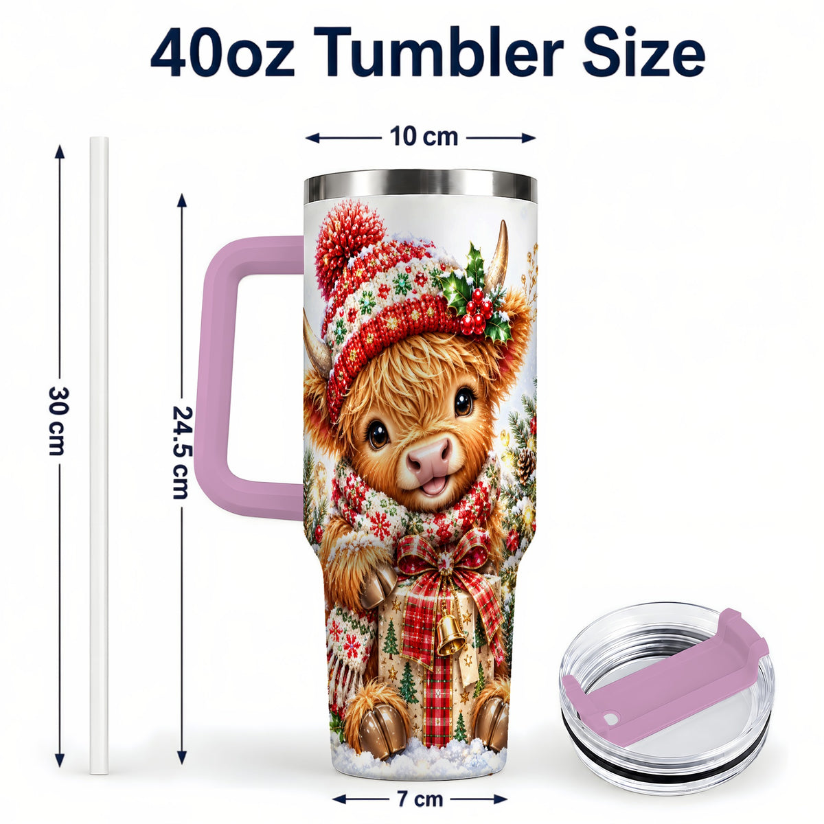 #pl[40oz|Pink] Christmas Cow 40oz Tumbler with Handle, Festive Stainless Steel Travel Cup