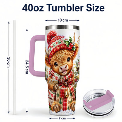 #pl[40oz|Pink] Christmas Cow 40oz Tumbler with Handle, Festive Stainless Steel Travel Cup