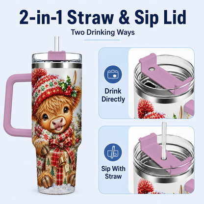 #pl[40oz|Pink] Christmas Cow 40oz Tumbler with Handle, Festive Stainless Steel Travel Cup