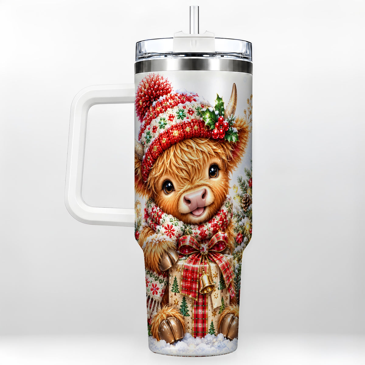 #pl[40oz|White] Christmas Cow 40oz Tumbler with Handle, Festive Stainless Steel Travel Cup