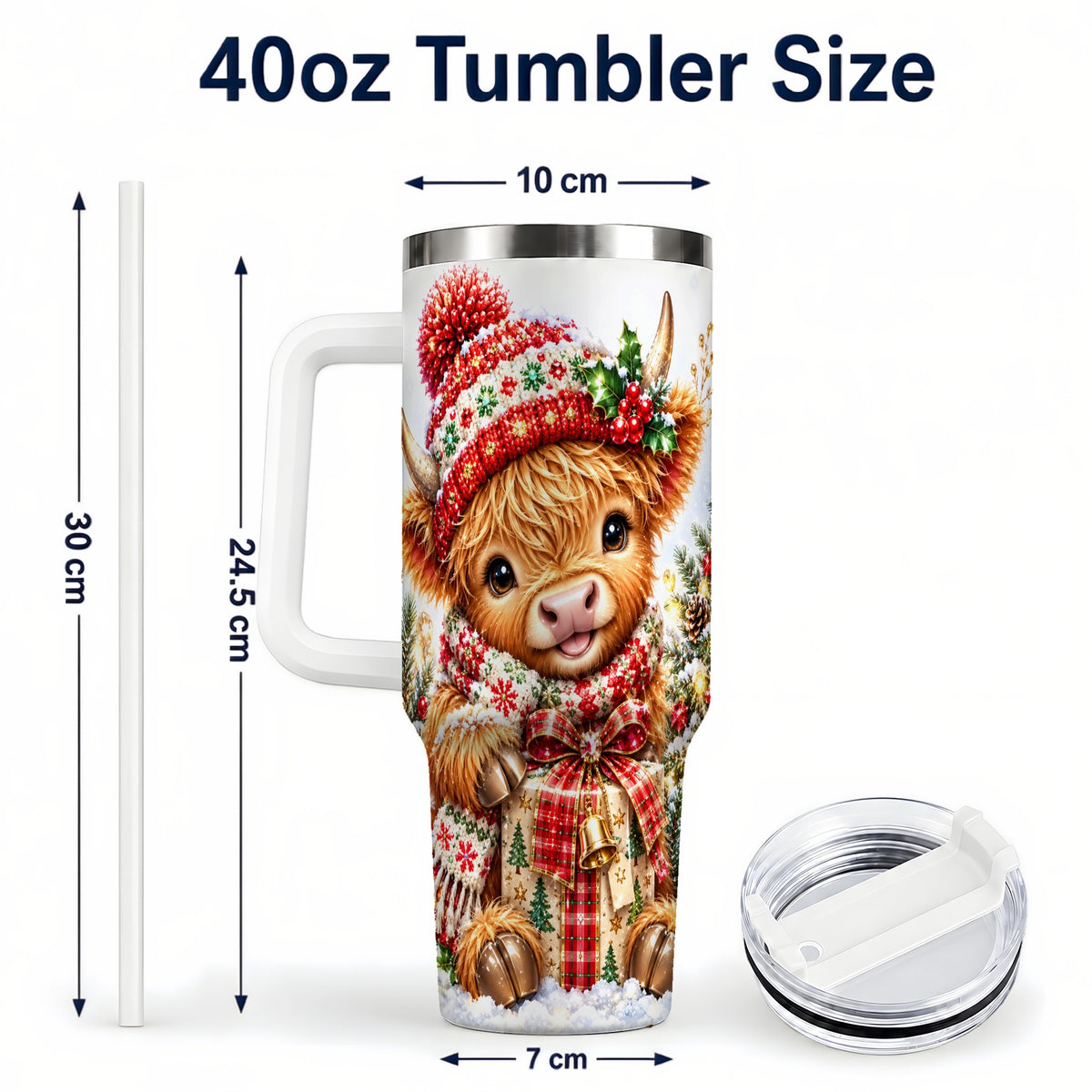 #pl[40oz|White] Christmas Cow 40oz Tumbler with Handle, Festive Stainless Steel Travel Cup