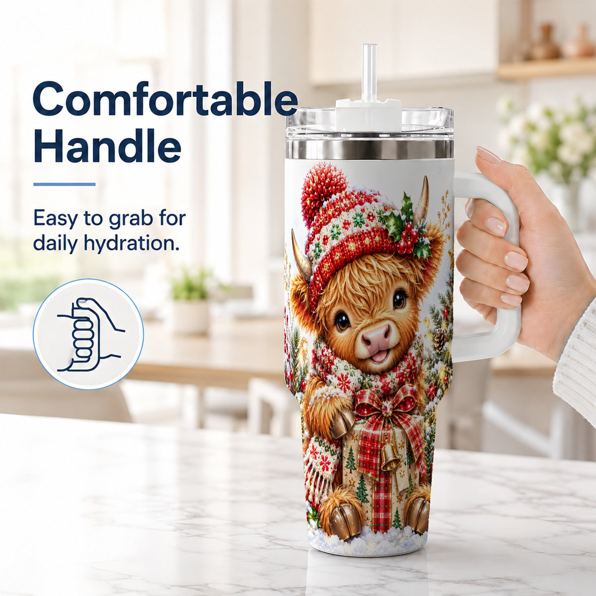 #pl[40oz|White] Christmas Cow 40oz Tumbler with Handle, Festive Stainless Steel Travel Cup