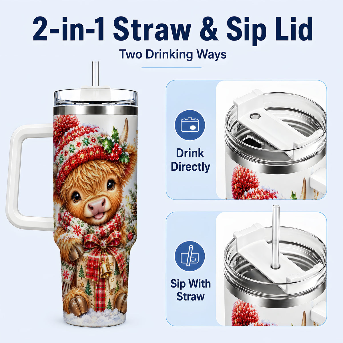 #pl[40oz|White] Christmas Cow 40oz Tumbler with Handle, Festive Stainless Steel Travel Cup