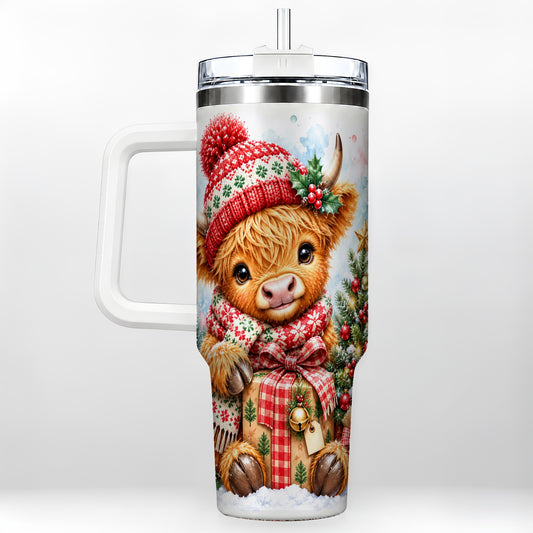#pl[40oz|White] Watercolor Cow 40oz Tumbler with Handle, Christmas Steel Travel Cup