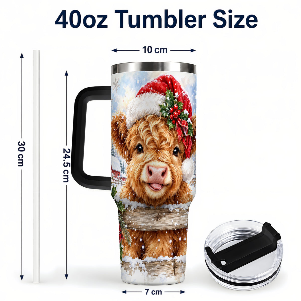 #pl[40oz|Black] Christmas Cow 40oz Tumbler with Handle, Snowy Farm Steel Travel Cup