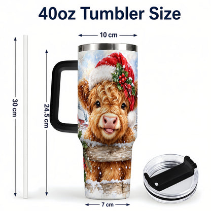 #pl[40oz|Black] Christmas Cow 40oz Tumbler with Handle, Snowy Farm Steel Travel Cup