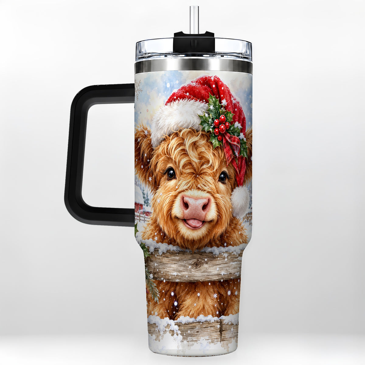 #pl[40oz|Black] Christmas Cow 40oz Tumbler with Handle, Snowy Farm Steel Travel Cup