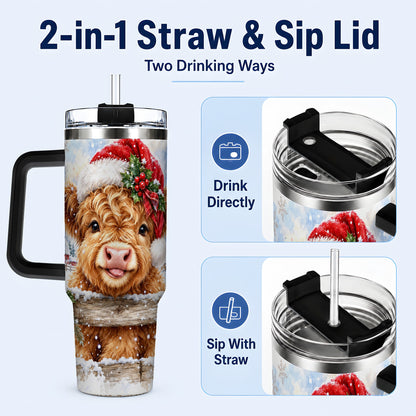 #pl[40oz|Black] Christmas Cow 40oz Tumbler with Handle, Snowy Farm Steel Travel Cup
