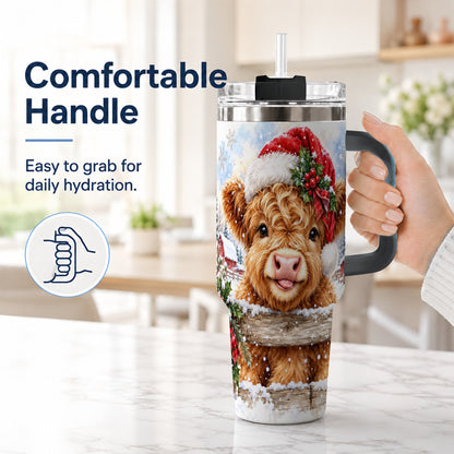 #pl[40oz|Black] Christmas Cow 40oz Tumbler with Handle, Snowy Farm Steel Travel Cup