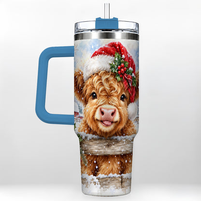 #pl[40oz|Blue] Christmas Cow 40oz Tumbler with Handle, Snowy Farm Steel Travel Cup