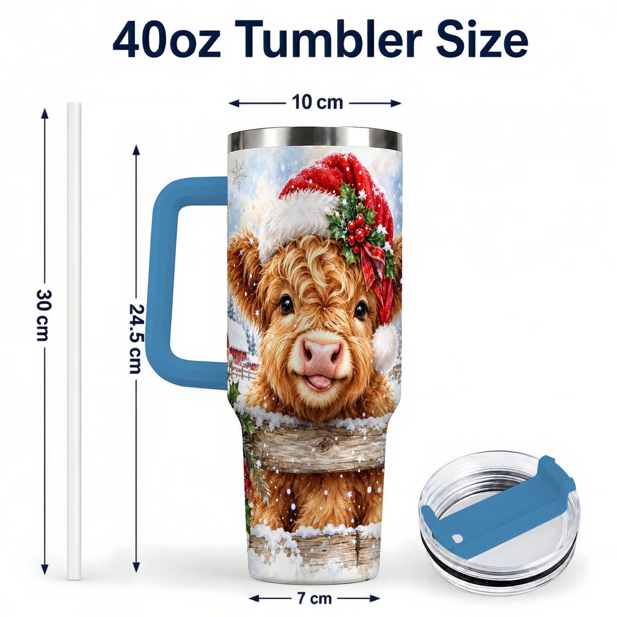 #pl[40oz|Blue] Christmas Cow 40oz Tumbler with Handle, Snowy Farm Steel Travel Cup