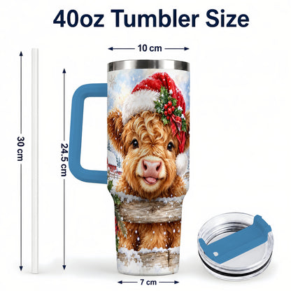 #pl[40oz|Blue] Christmas Cow 40oz Tumbler with Handle, Snowy Farm Steel Travel Cup