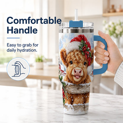 #pl[40oz|Blue] Christmas Cow 40oz Tumbler with Handle, Snowy Farm Steel Travel Cup