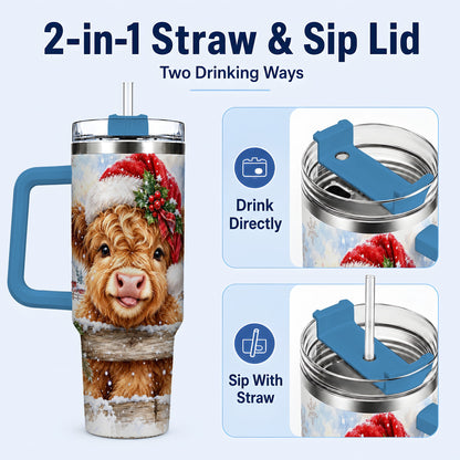 #pl[40oz|Blue] Christmas Cow 40oz Tumbler with Handle, Snowy Farm Steel Travel Cup