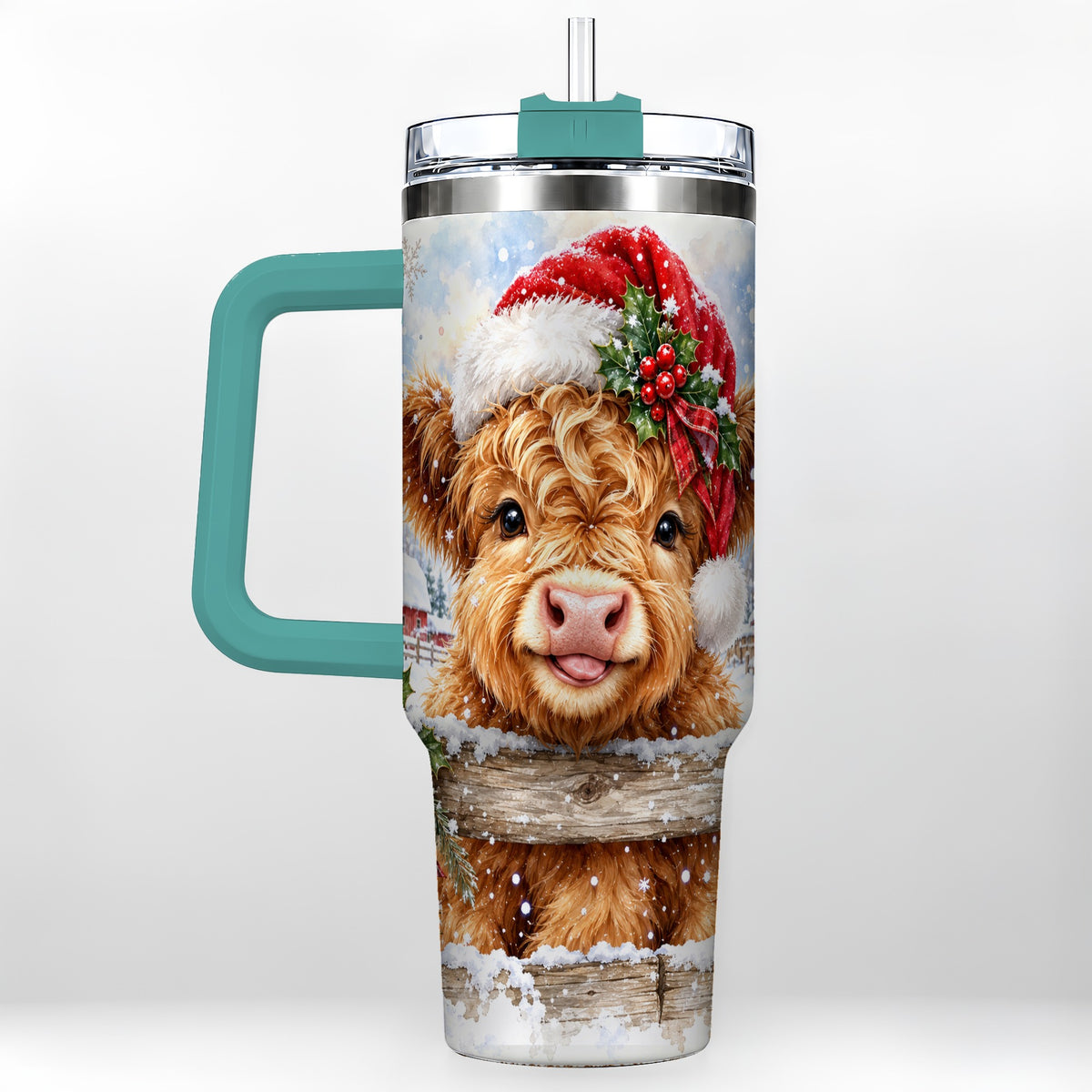 #pl[40oz|Green] Christmas Cow 40oz Tumbler with Handle, Snowy Farm Steel Travel Cup