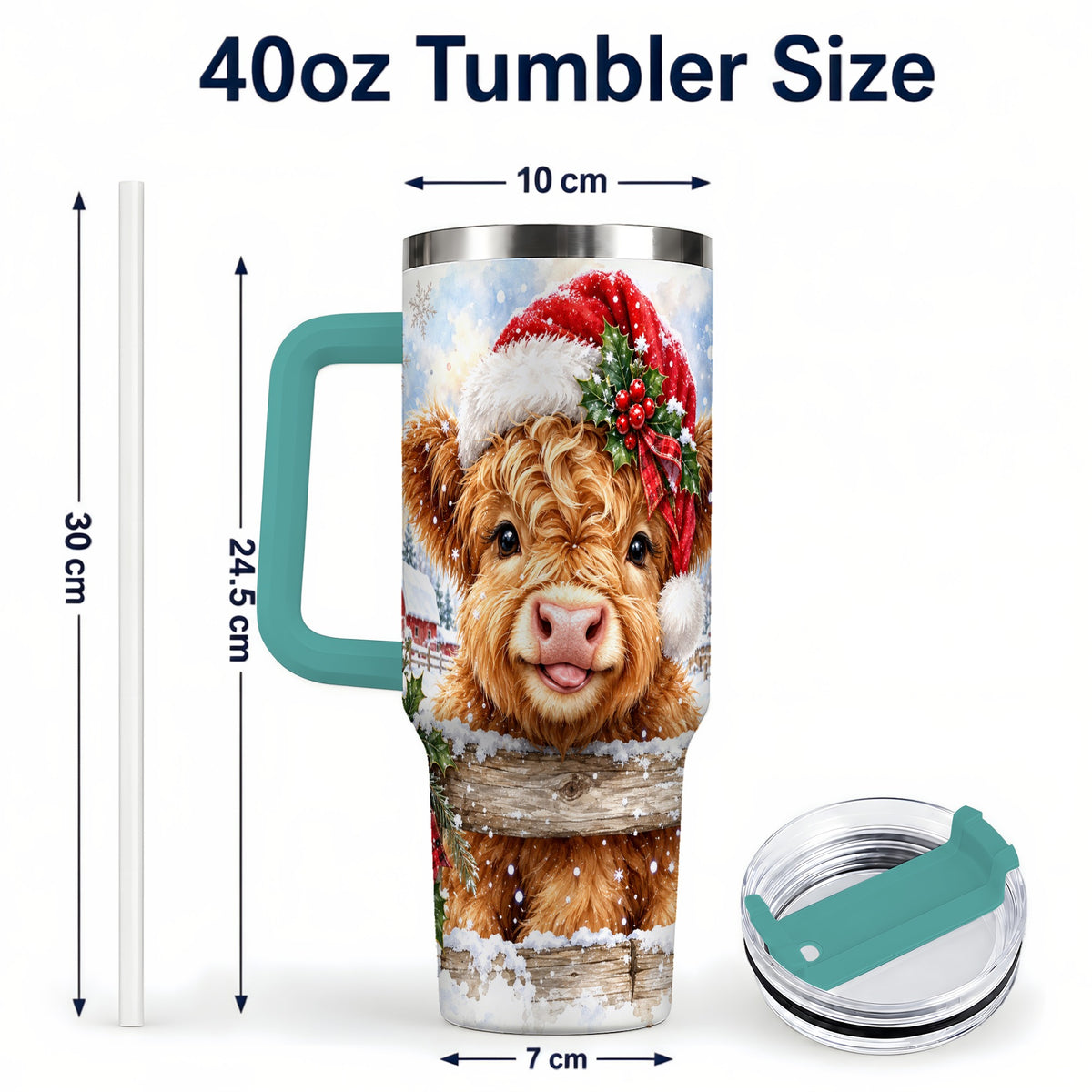 #pl[40oz|Green] Christmas Cow 40oz Tumbler with Handle, Snowy Farm Steel Travel Cup