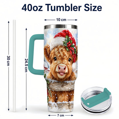#pl[40oz|Green] Christmas Cow 40oz Tumbler with Handle, Snowy Farm Steel Travel Cup