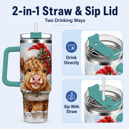 #pl[40oz|Green] Christmas Cow 40oz Tumbler with Handle, Snowy Farm Steel Travel Cup