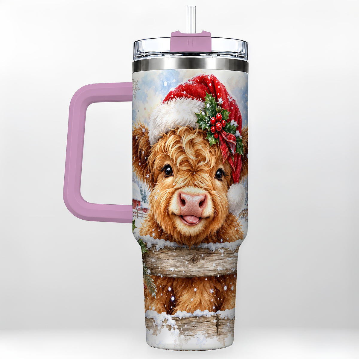 #pl[40oz|Pink] Christmas Cow 40oz Tumbler with Handle, Snowy Farm Steel Travel Cup