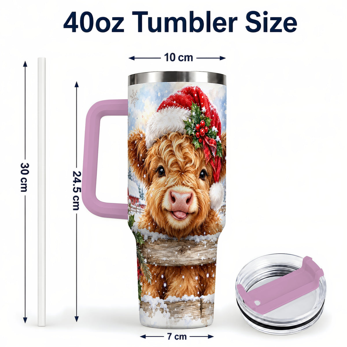 #pl[40oz|Pink] Christmas Cow 40oz Tumbler with Handle, Snowy Farm Steel Travel Cup