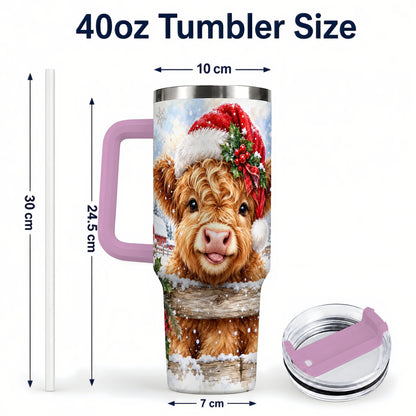#pl[40oz|Pink] Christmas Cow 40oz Tumbler with Handle, Snowy Farm Steel Travel Cup