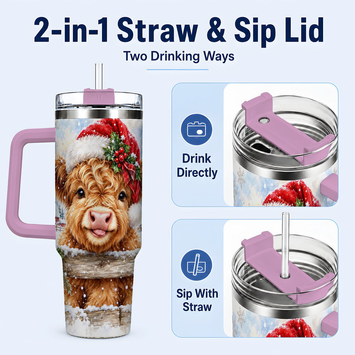 #pl[40oz|Pink] Christmas Cow 40oz Tumbler with Handle, Snowy Farm Steel Travel Cup