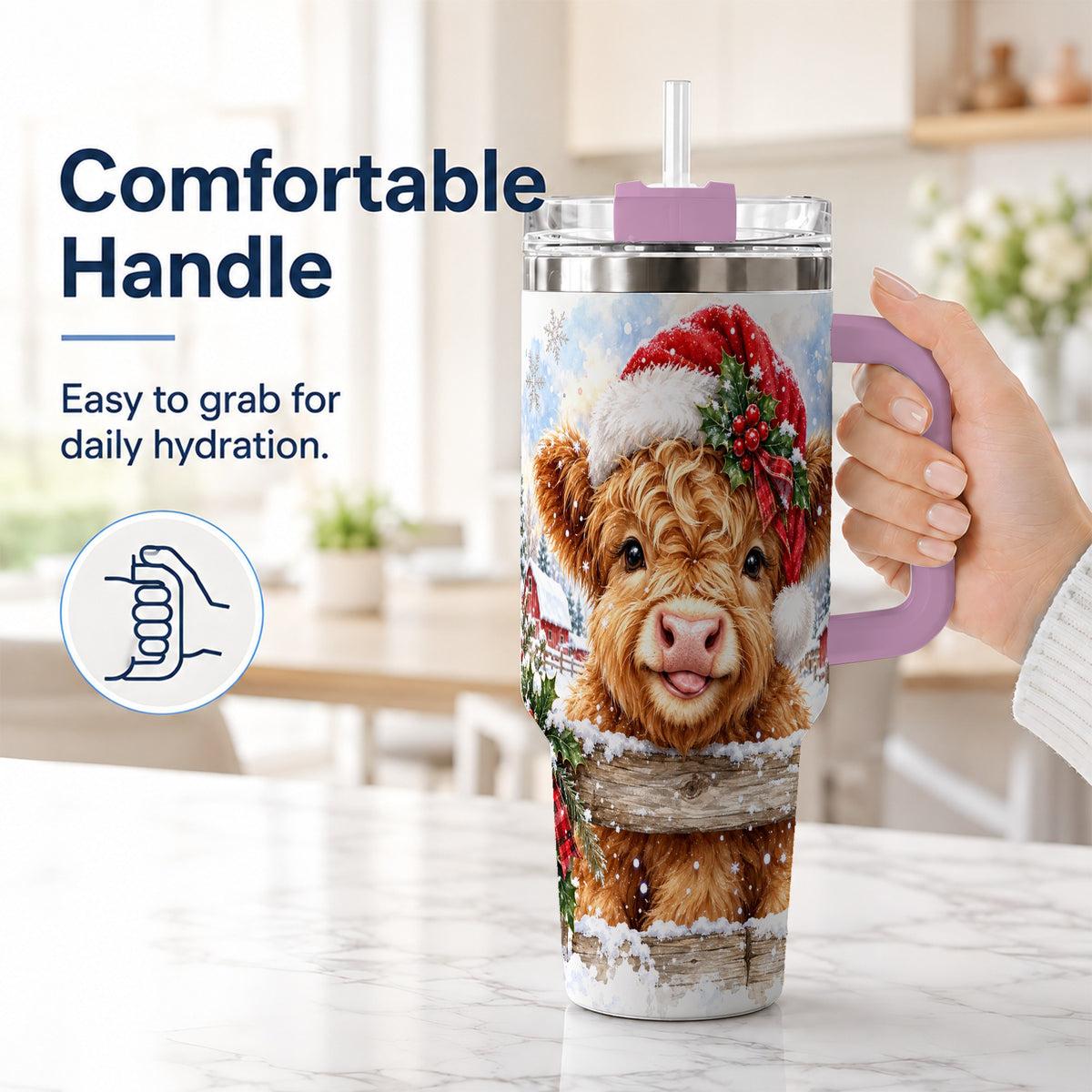 #pl[40oz|Pink] Christmas Cow 40oz Tumbler with Handle, Snowy Farm Steel Travel Cup